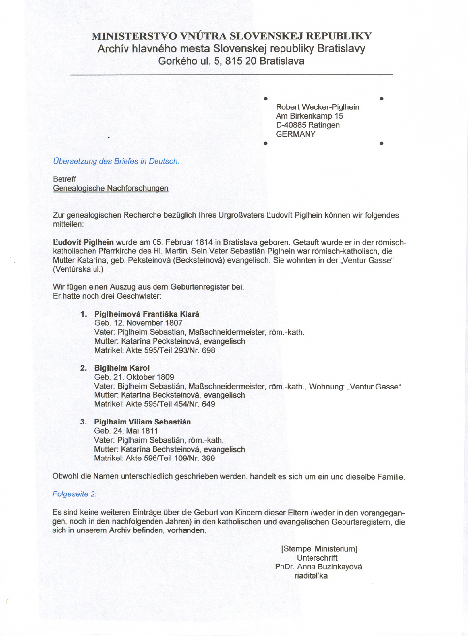 Stammbaum der Familie Piglhein